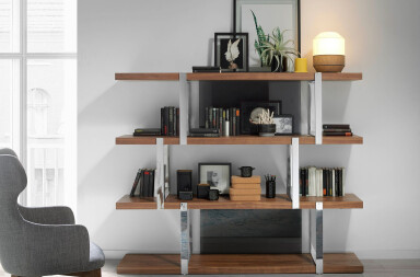 3136 - Walnut Bookcase With Black Glass Dividers