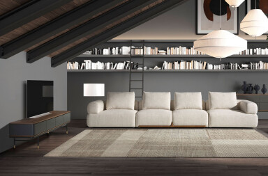 3265 - Tv Stand in Matt Dark Grey Wood, Black Steel and Walnut Top